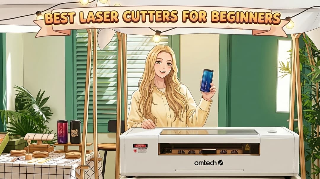 OMTech Polar desktop CO2 laser cutter with finished laser-cut projects