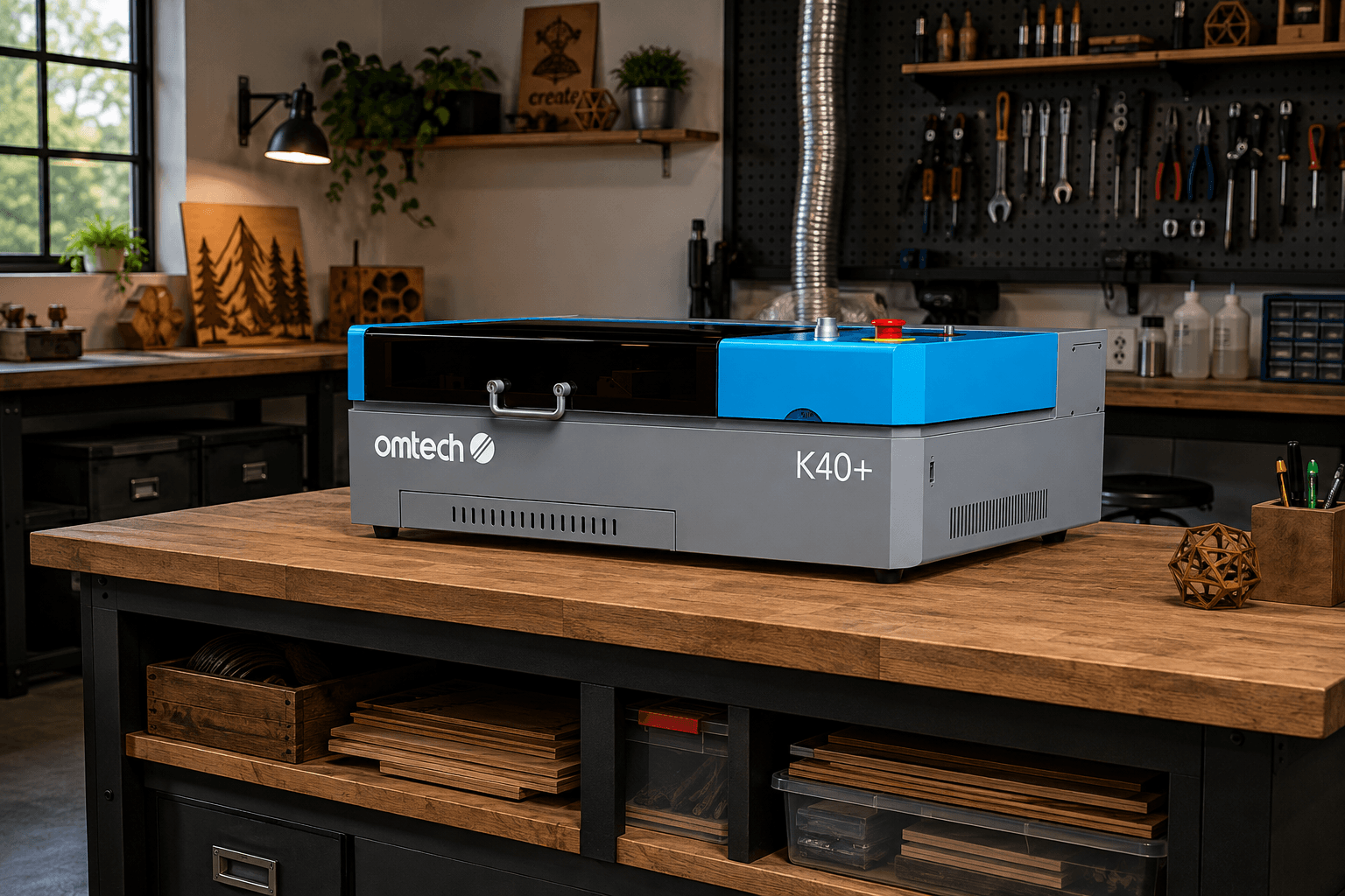 OMTech K40+ 45W CO2 laser review machine on a wooden workbench