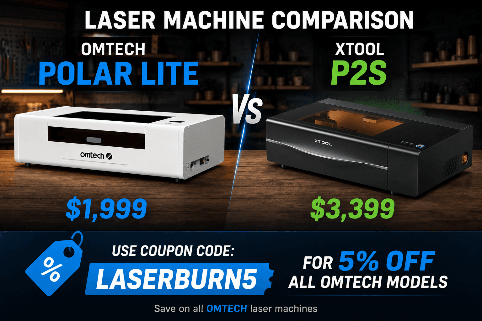 OMTech Polar Lite vs xTool P2S desktop CO2 laser comparison with prices and LASERBURN5 code