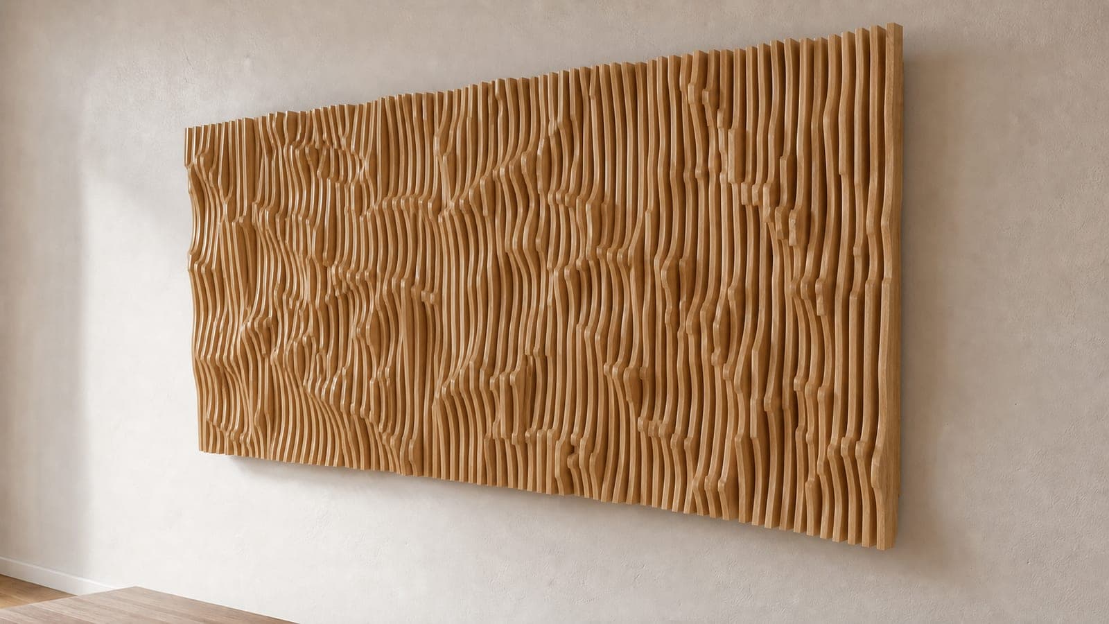 Parametric wood slat wall art in white oak with an irregular organic Perlin noise relief of scattered peaks and hollows across the whole panel