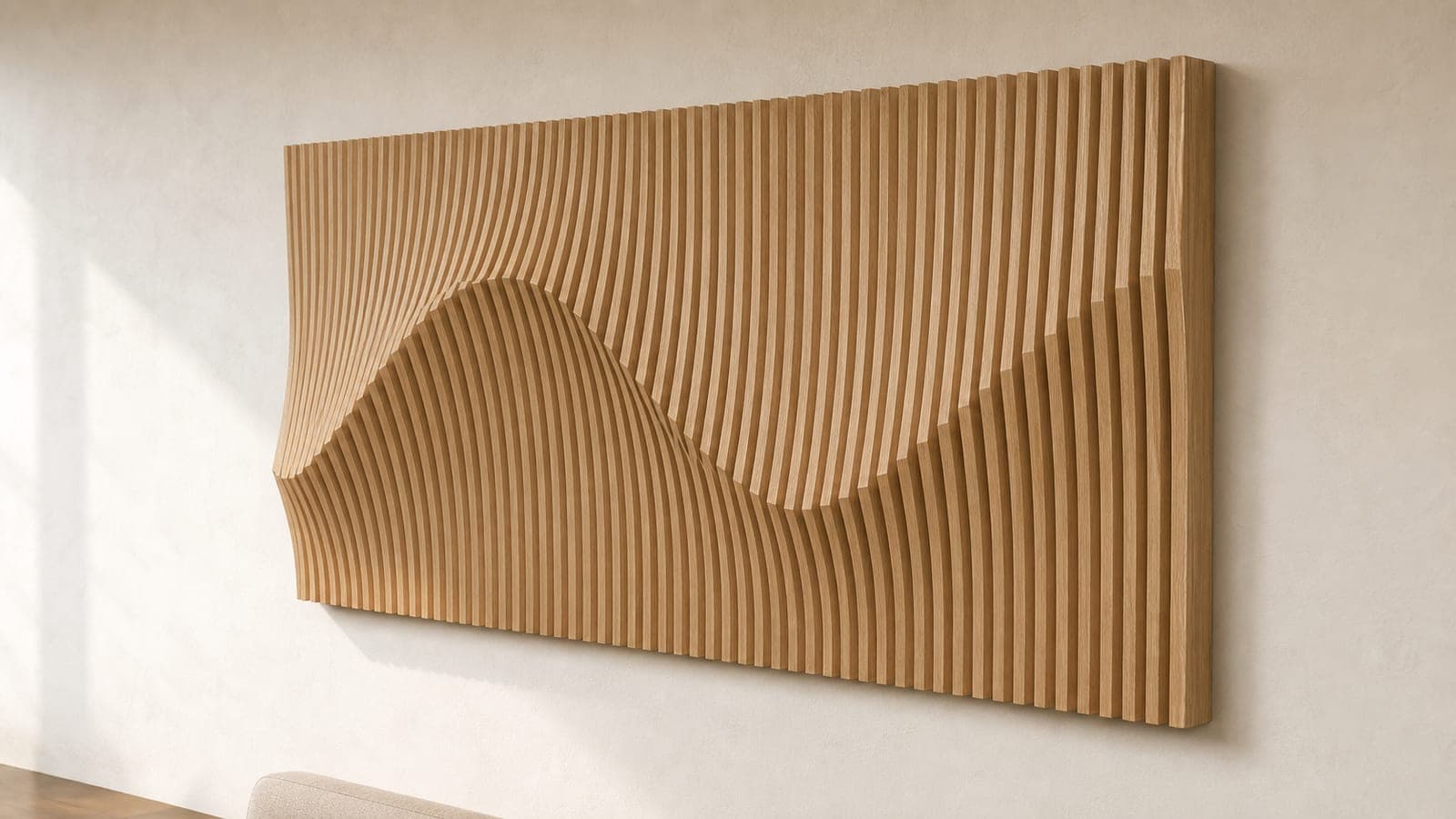Parametric wood slat wall art in white oak with a single sweeping S-shaped ridge crossing the panel, lit from the left
