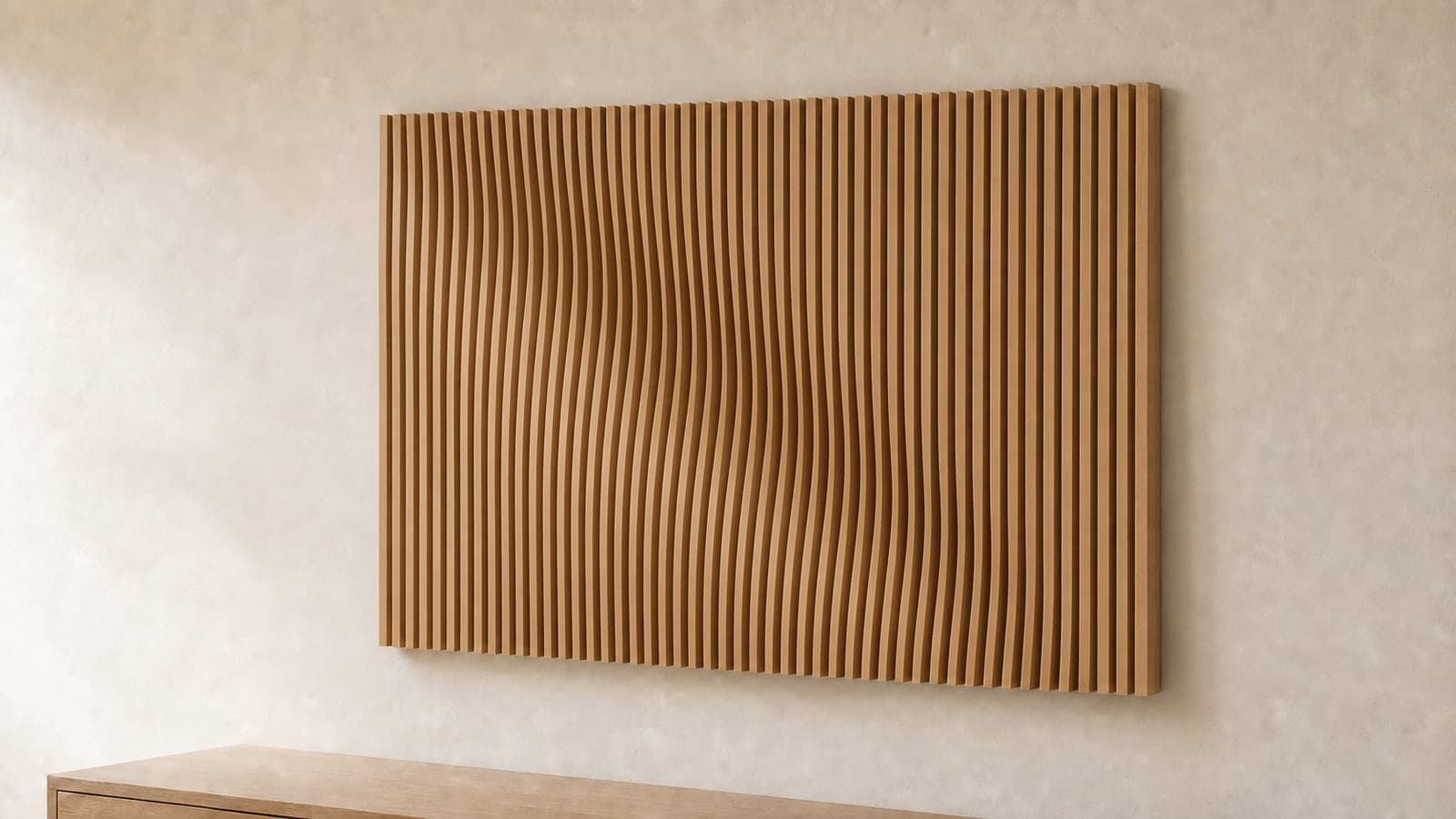 Parametric wood slat wall art in white oak with a flowing diagonal sine-wave relief, mounted on a plaster wall above a low oak cabinet