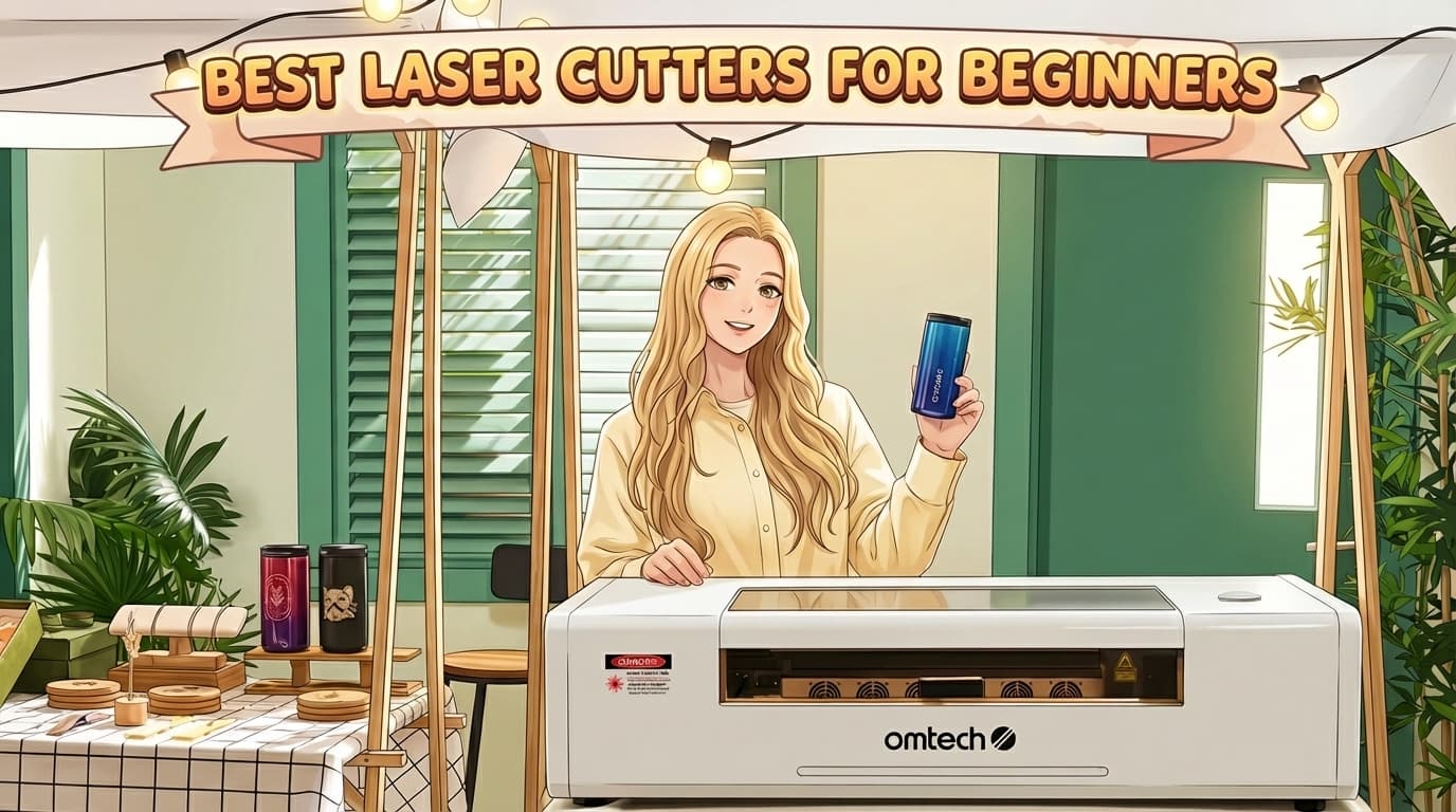 Best laser cutters for beginners - OMTech Polar desktop CO2 laser cutter with finished laser-cut projects