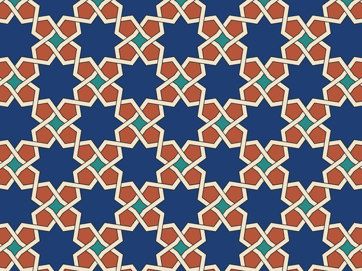 Eight-pointed star Islamic geometric pattern with interlaced strapwork, colored as tilework