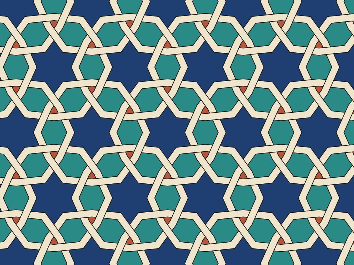 Six-pointed star Islamic geometric pattern on a kagome grid with interlaced bands