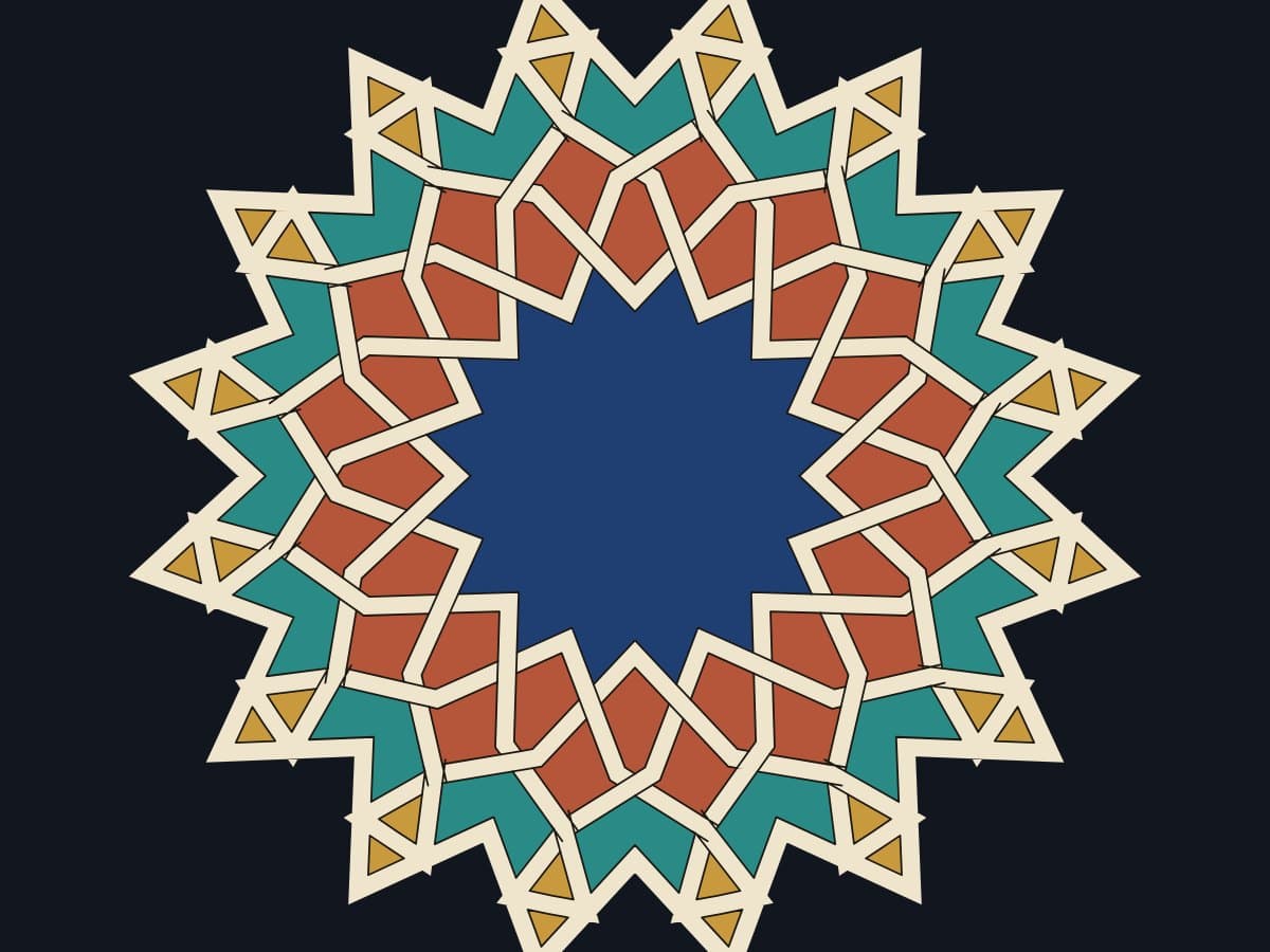 Sixteen-pointed star rosette with bands woven over and under, Islamic geometric medallion