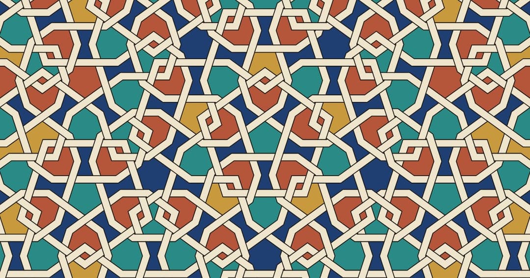 Ten-fold Islamic geometric pattern with interlaced girih strapwork, colored as tilework