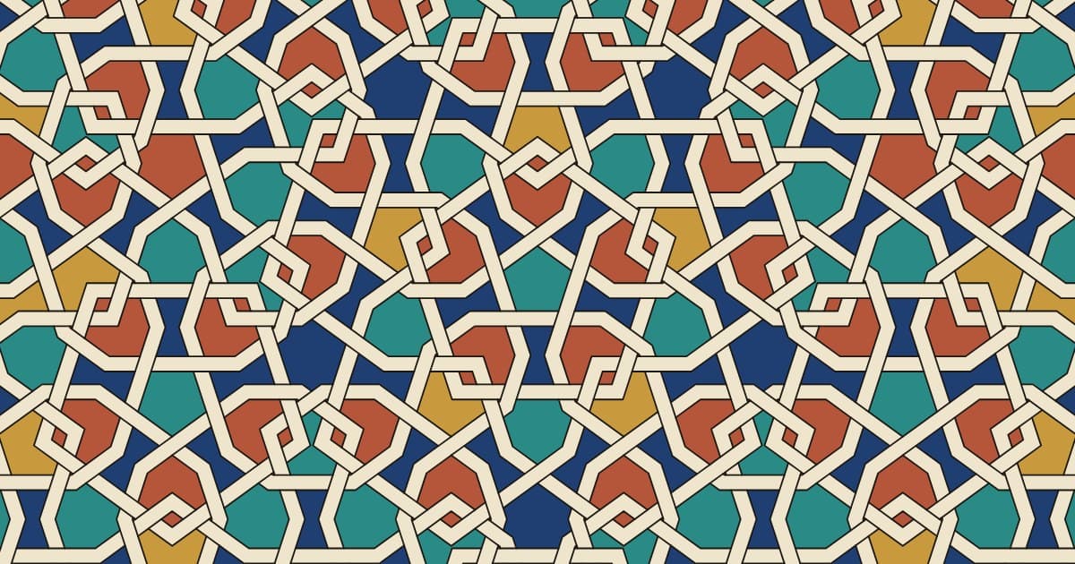 Ten-fold Islamic geometric pattern with interlaced girih strapwork, colored as tilework