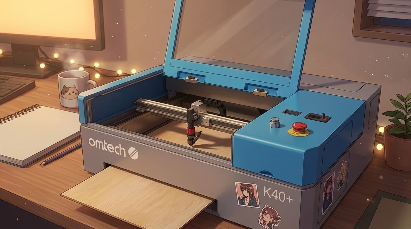 OMTech K40+ budget CO2 laser cutter on a desk - compact desktop laser for beginners