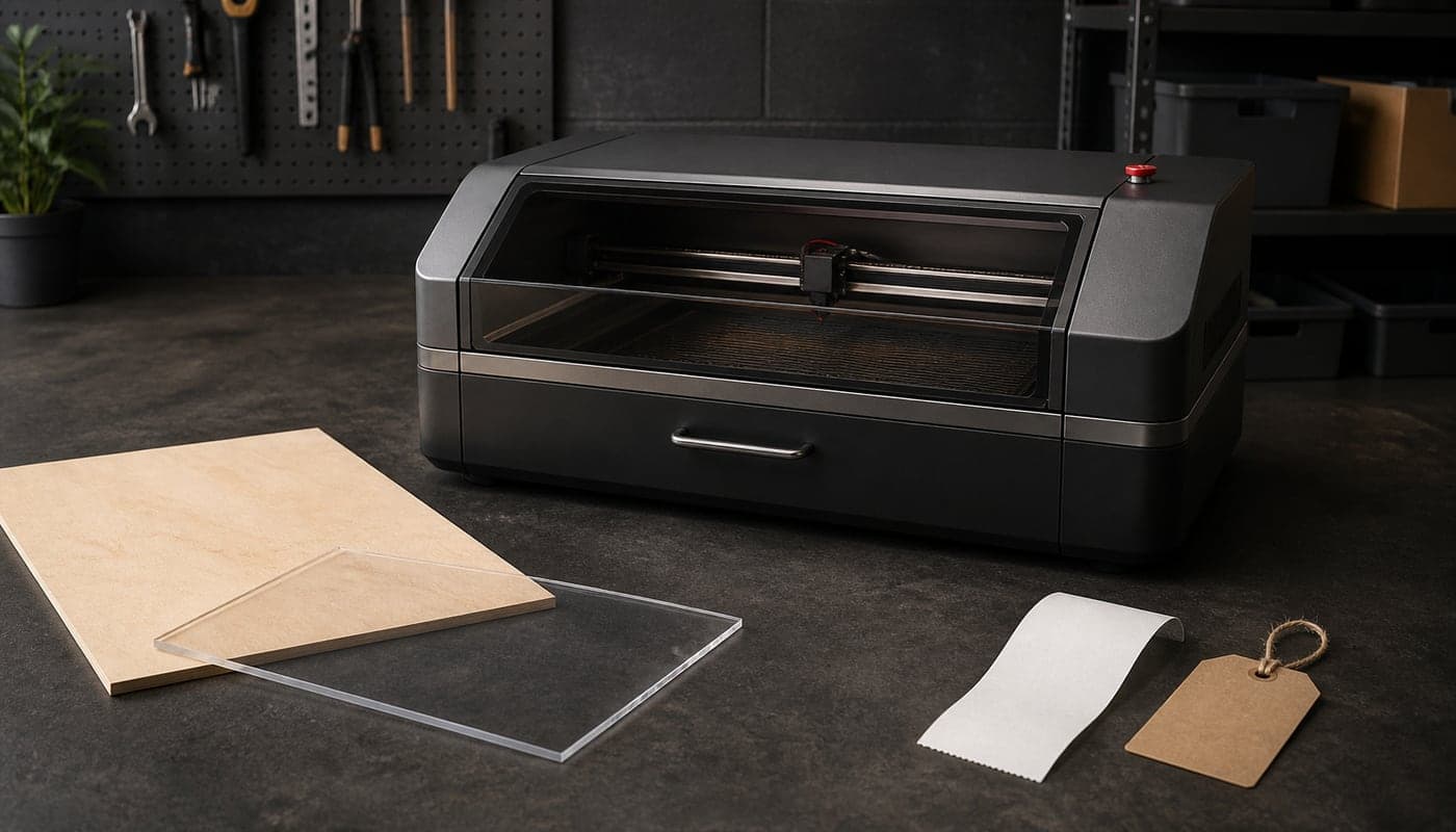Editorial illustration of a laser cutter purchase, checkout tag, and material samples