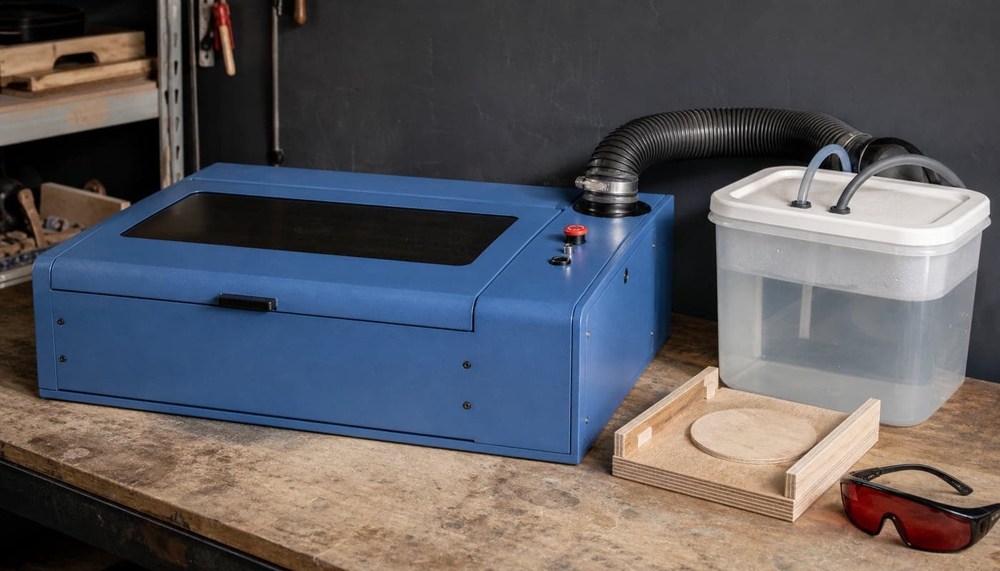 Editorial illustration of a compact blue CO2 laser with cooling and exhaust accessories