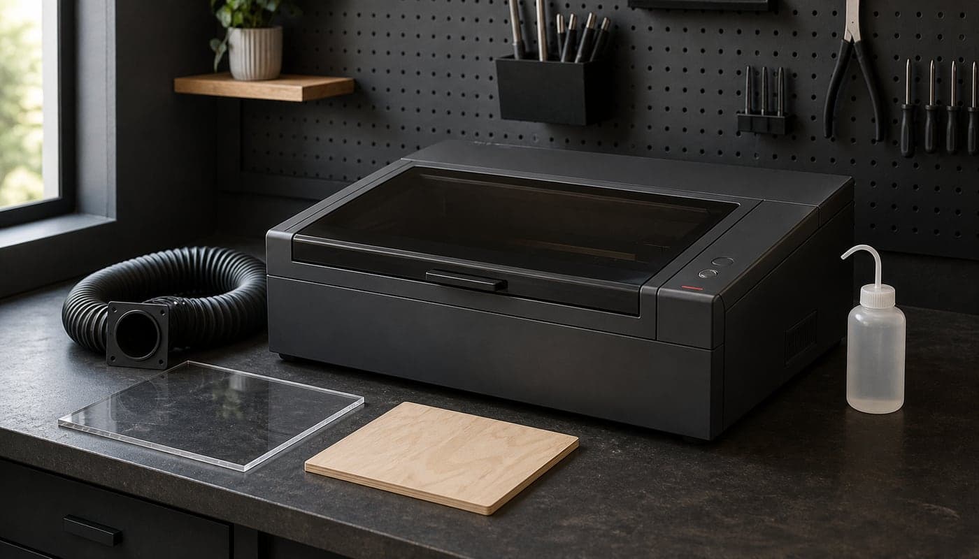 Editorial illustration of an enclosed desktop CO2 laser with acrylic and wood samples