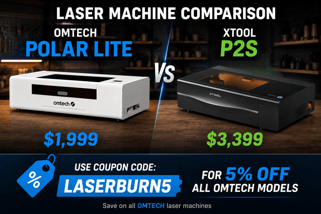 OMTech Polar Lite vs xTool P2S desktop CO2 laser comparison with prices