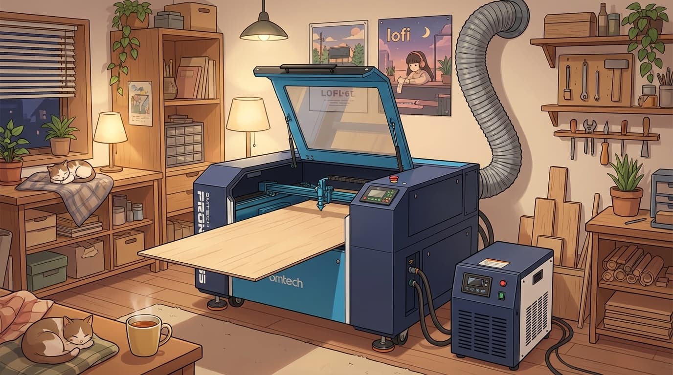OMTech Pronto 35 60W CO2 laser cutter in a workshop setting with water chiller