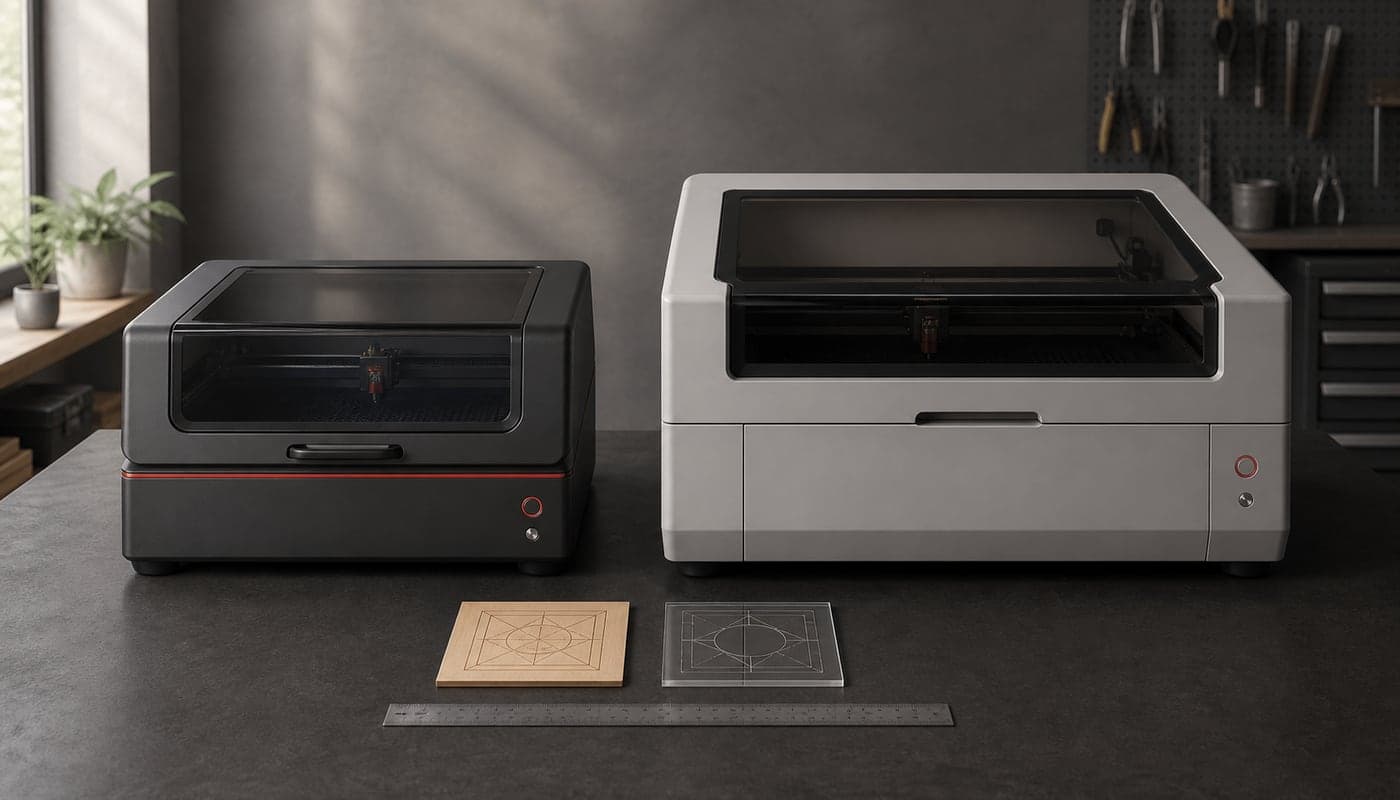 Editorial comparison illustration of two enclosed desktop CO2 laser cutters