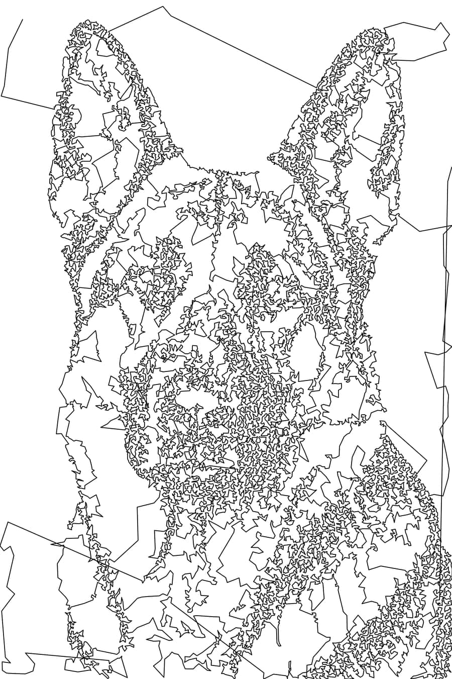 German shepherd face rendered as one continuous meandering line that gets denser around the eyes, nose and ears