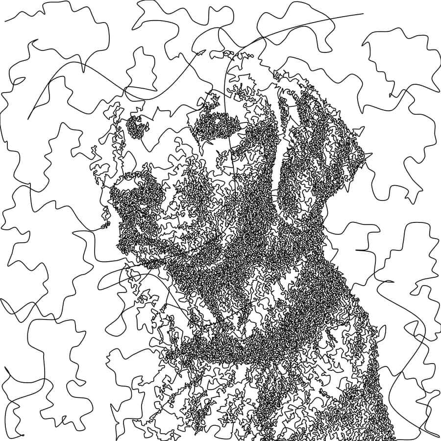 Golden retriever portrait drawn as a single continuous scribble line, dense in the shadows of the face and loose in the highlights