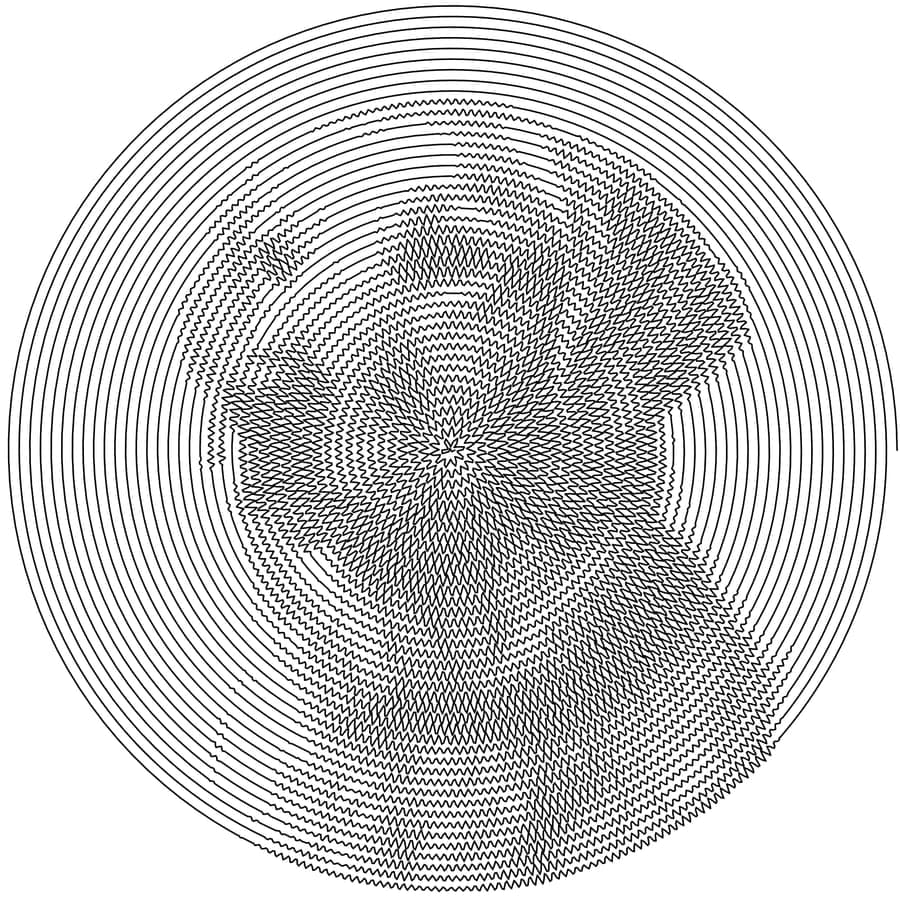 Golden retriever portrait drawn as one continuous spiral line starting at the center, with the wave amplitude following the photo tones