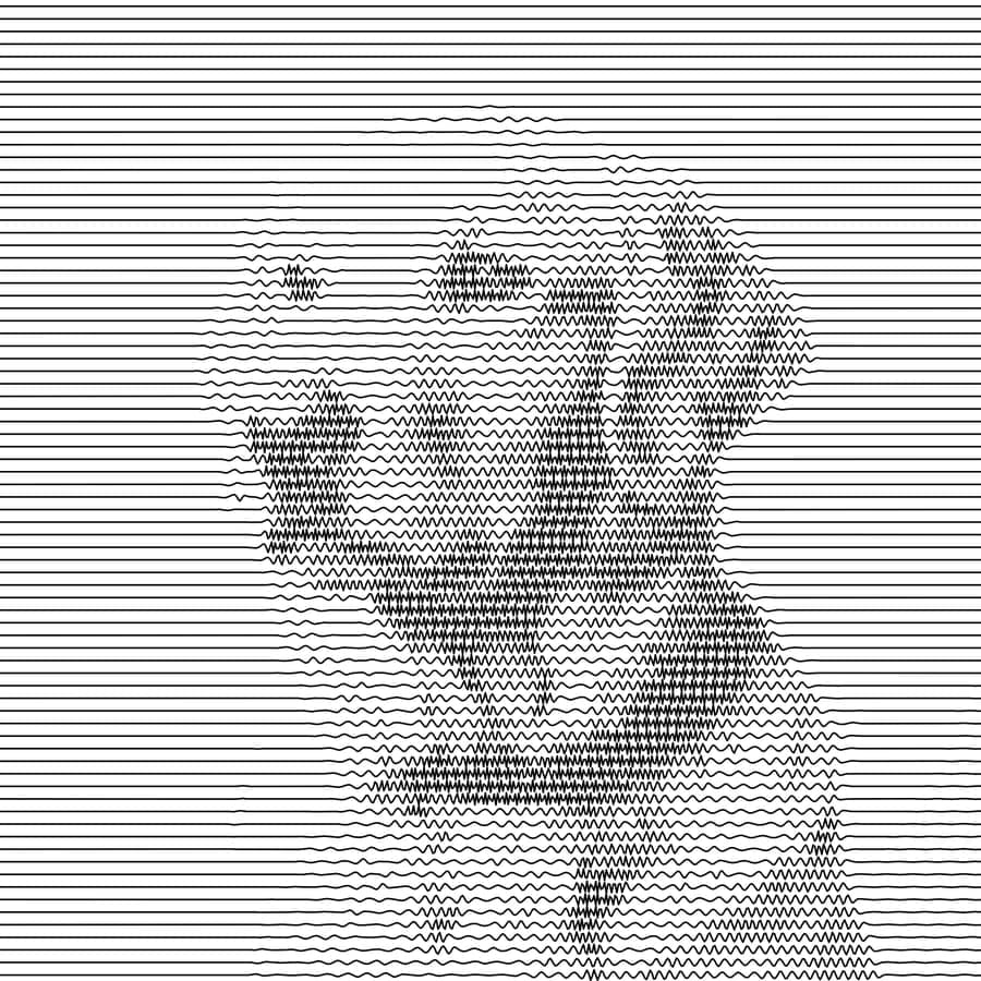 Golden retriever portrait made of horizontal wavy lines where tone controls wave height and frequency