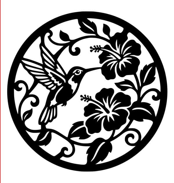 A round one-piece laser stencil of a hummingbird hovering at hibiscus flowers among curling vines, generated by the LaserBurn AI stencil generator from a text description