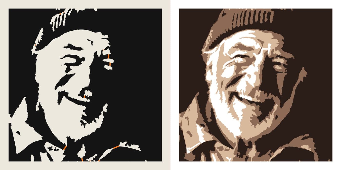 A laughing fisherman in a knit cap shown as a one-layer stencil with orange bridges on the left and a three-layer spray-paint version on the right