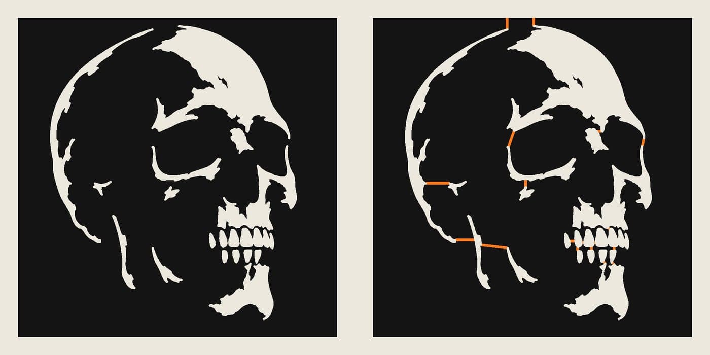 Two skull stencils side by side: the left without bridges where pieces would fall out, the right with orange bridges holding every piece to the sheet