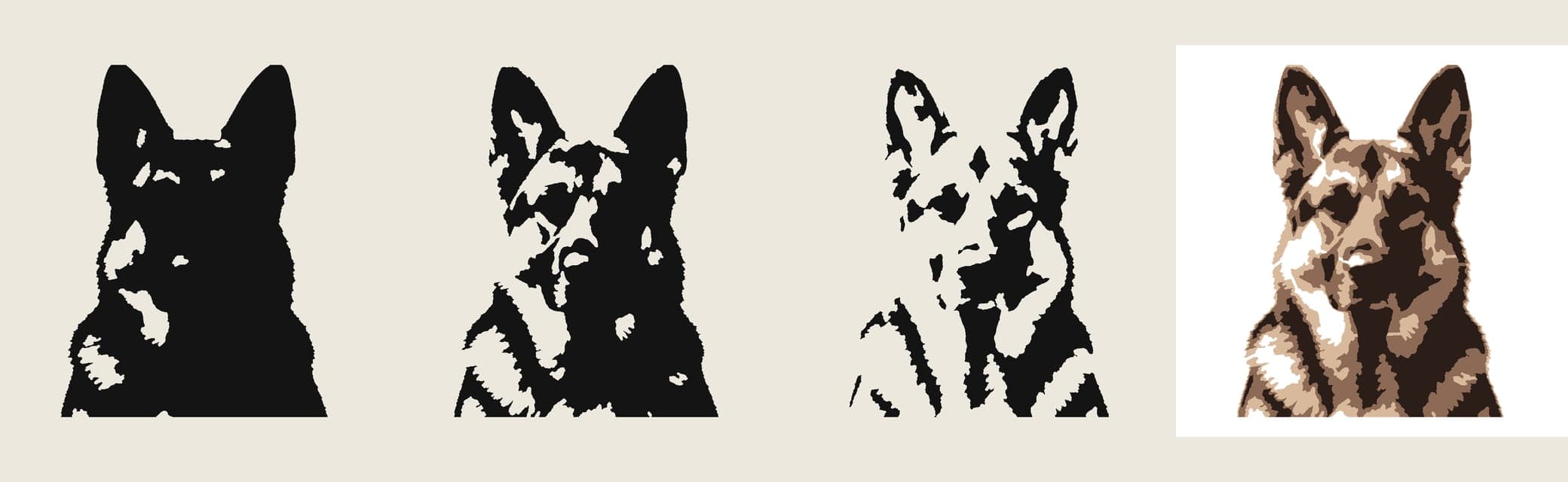 Three separate stencil layers of a German shepherd portrait, followed by the finished result with all three spray-paint passes combined in brown tones