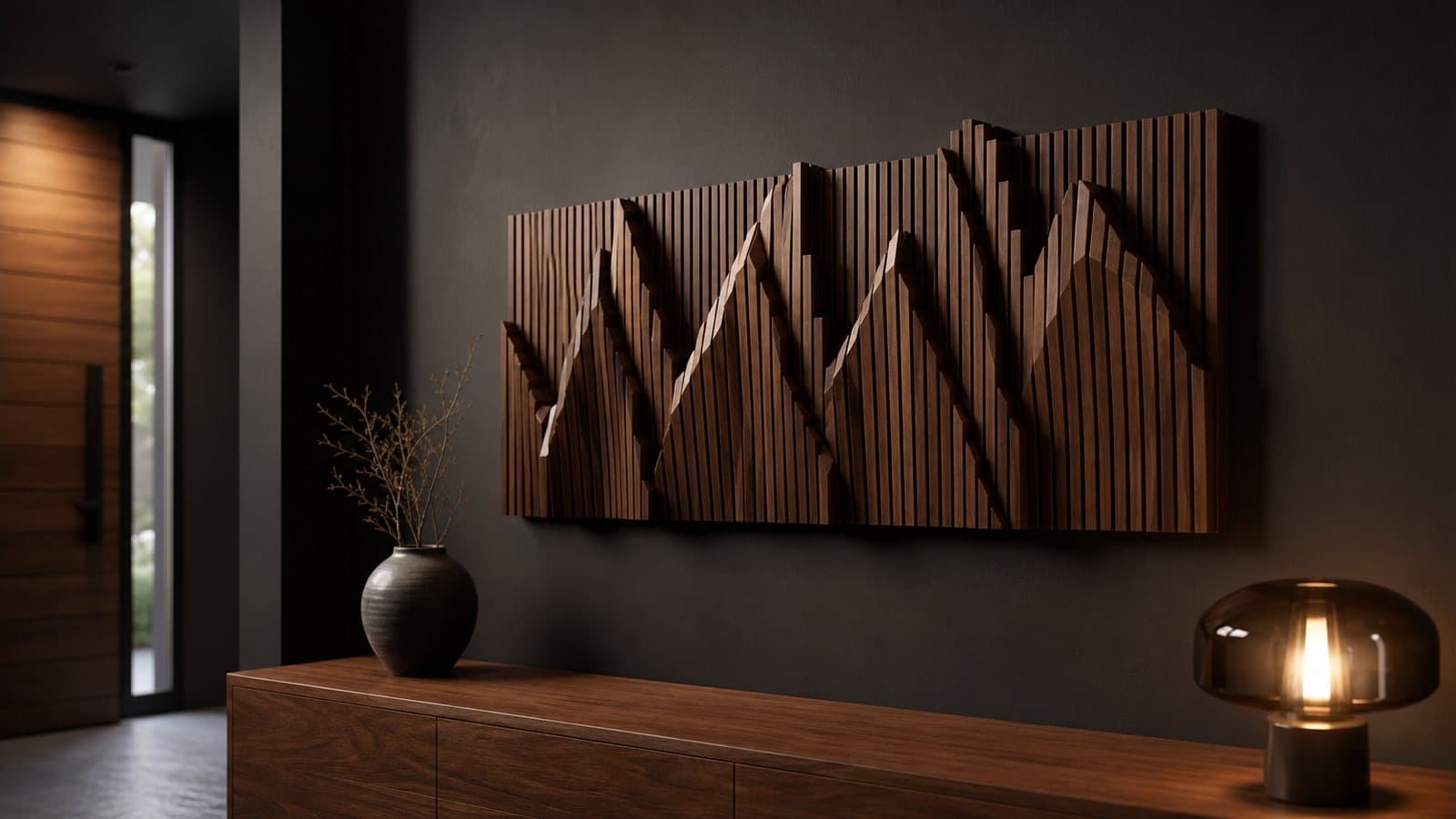 Parametric wood slat wall art with a bold mountain-ridge relief in dark walnut, on a feature wall above a console table