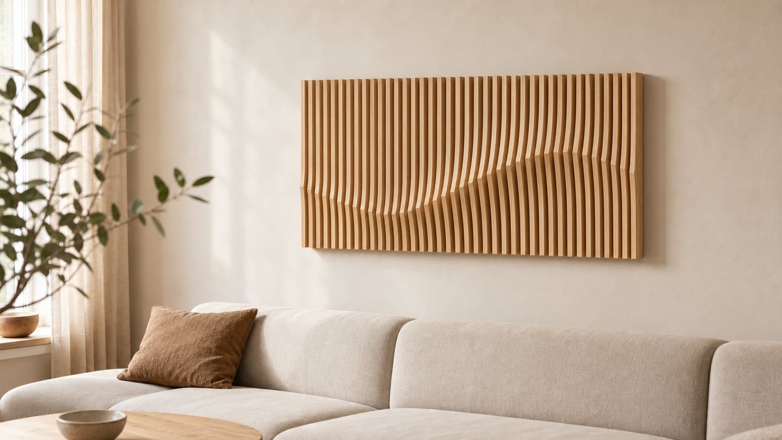 Parametric wood slat wall art with a flowing wave relief in light oak, mounted above a sofa in a modern living room