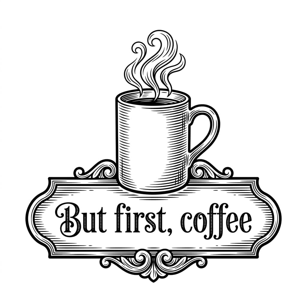 "But first, coffee" kitchen sign with a steaming mug — laser-ready file for xTool engraving