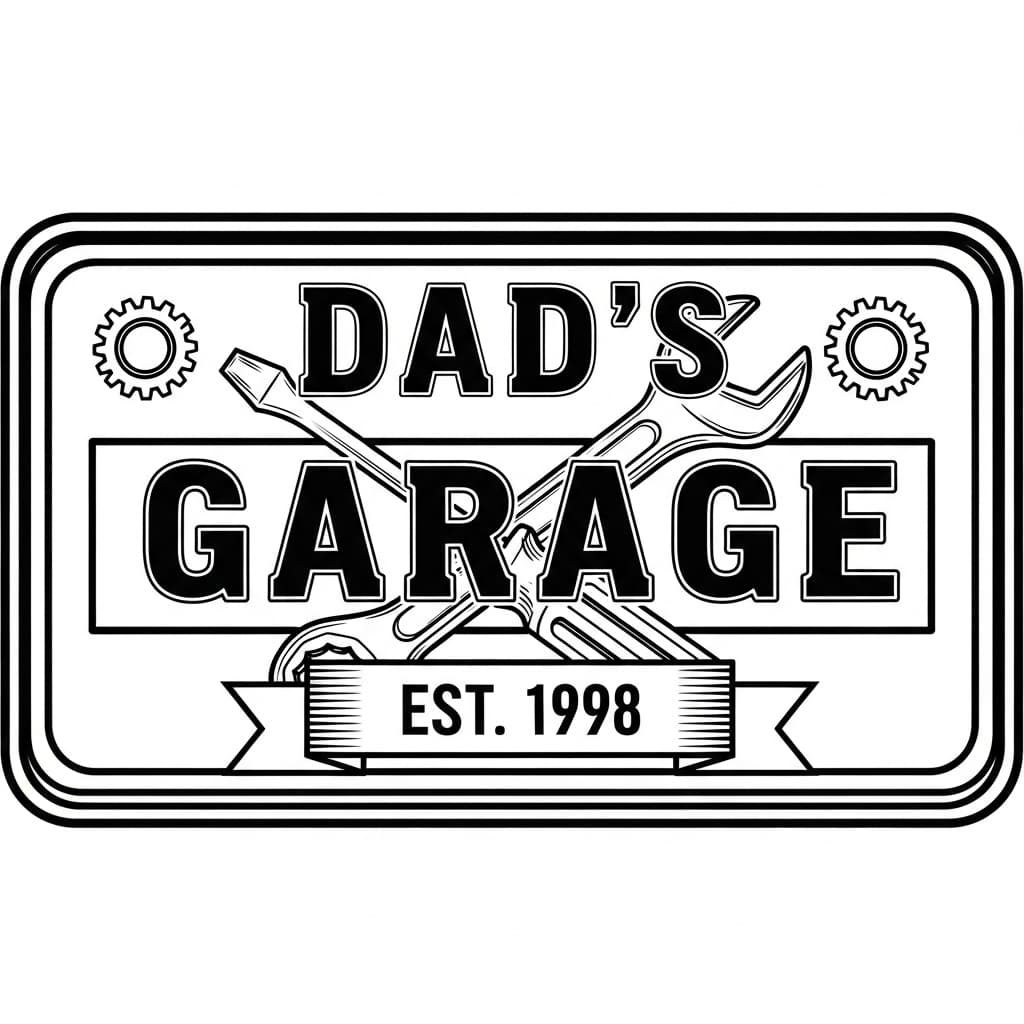 Garage sign reading "Dad's Garage, Est. 1998" with crossed tools and gears — laser-ready line art