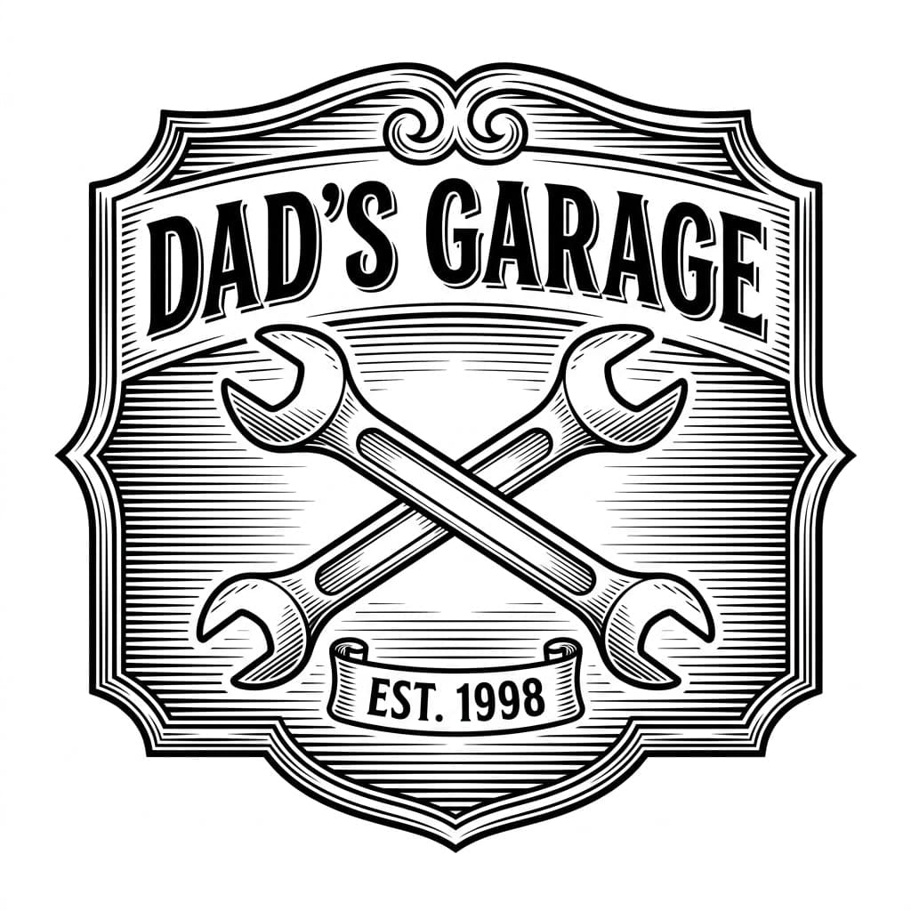 Shield badge garage sign reading "Dad's Garage, Est. 1998" with crossed wrenches — laser-ready line art