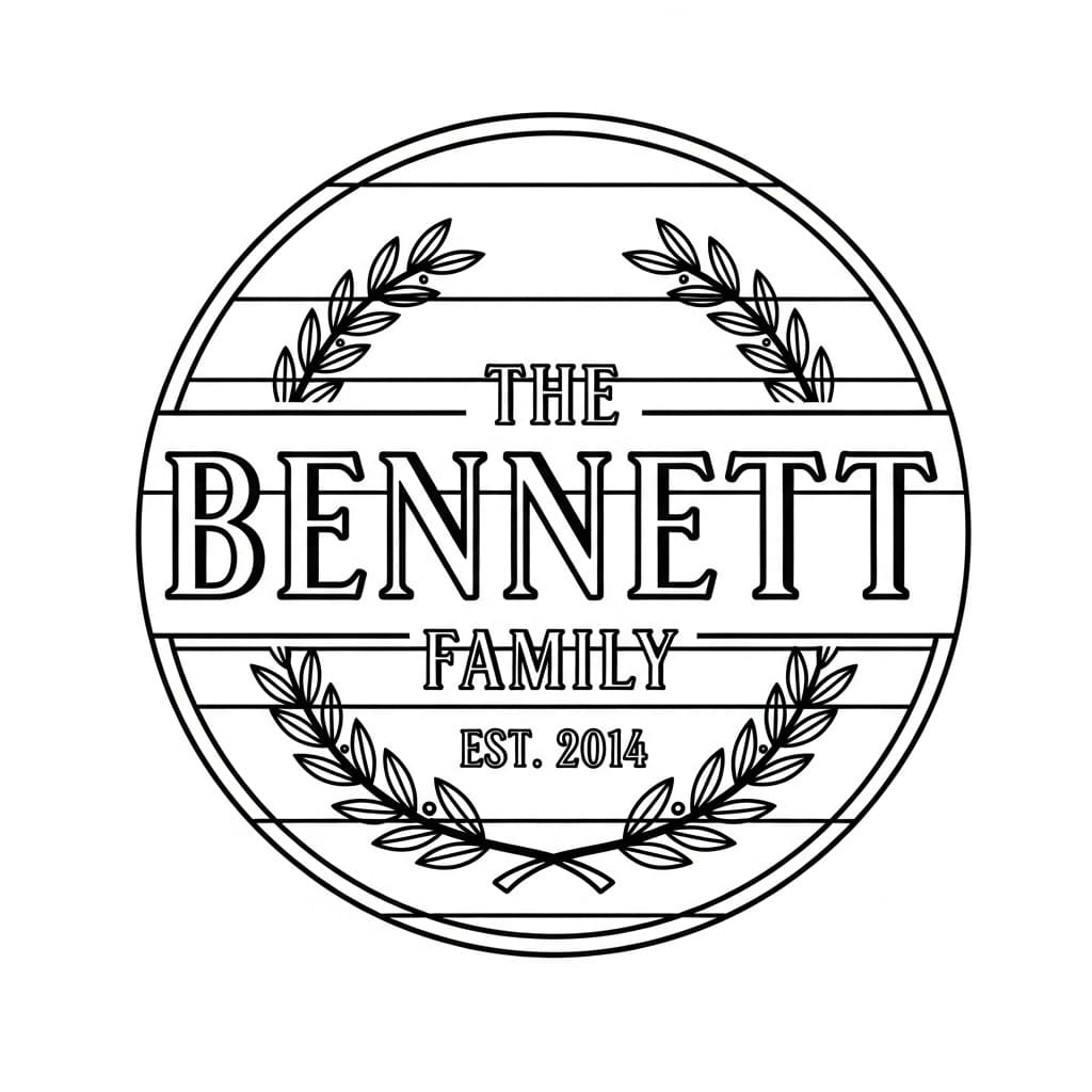 Round family name sign reading "The Bennett Family, Est. 2014" with a laurel wreath — laser-ready line art
