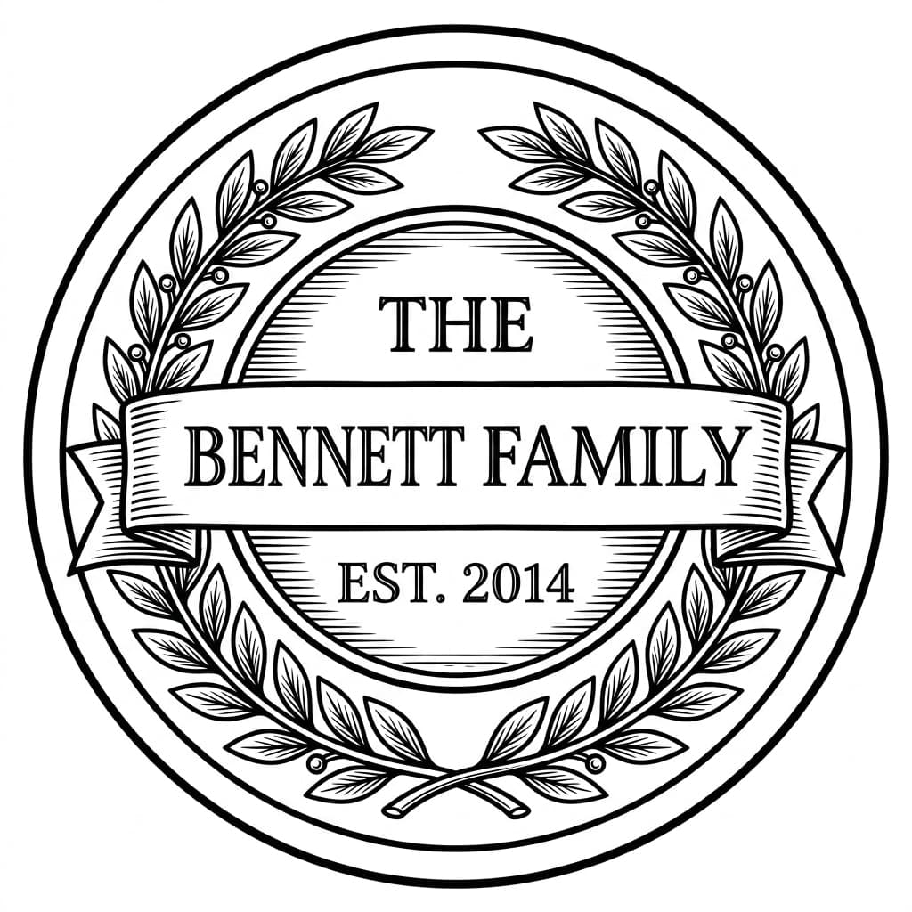 Round family name sign reading "The Bennett Family, Est. 2014" with a laurel wreath — laser-ready line art