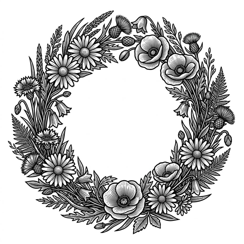 Detailed floral wreath with fine linework — laser-ready design for xTool score and engrave