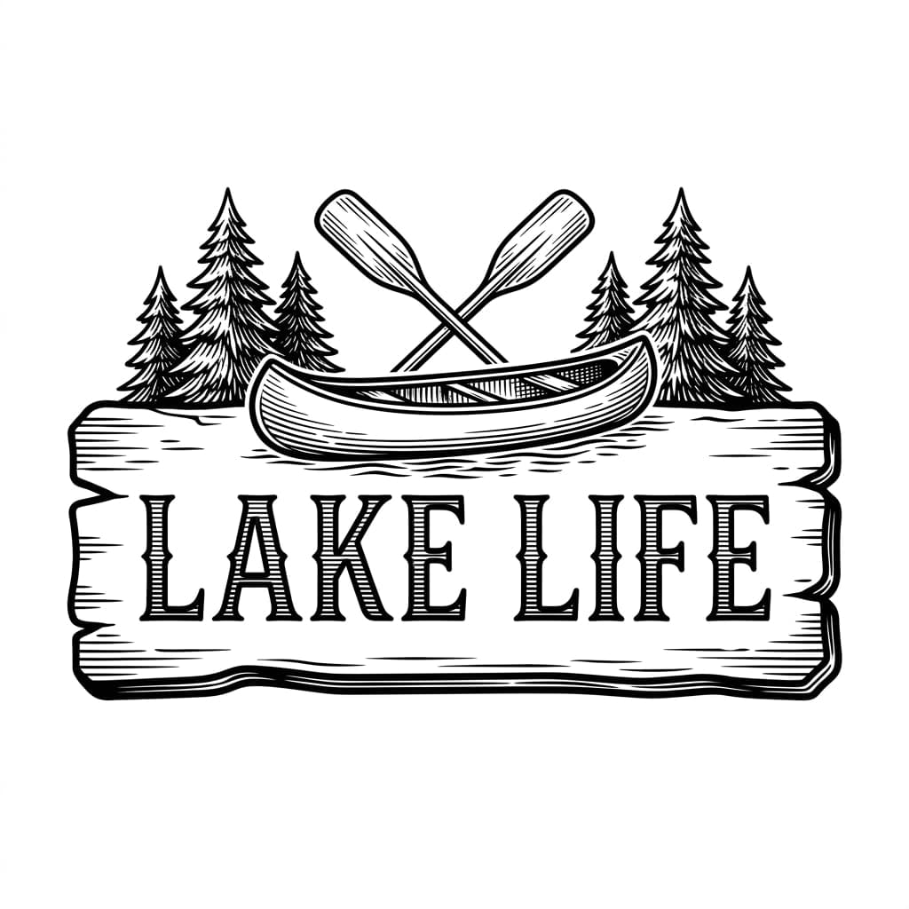 Lake life sign with pine trees and lake scene — laser-ready design for OMTech CO2 lasers