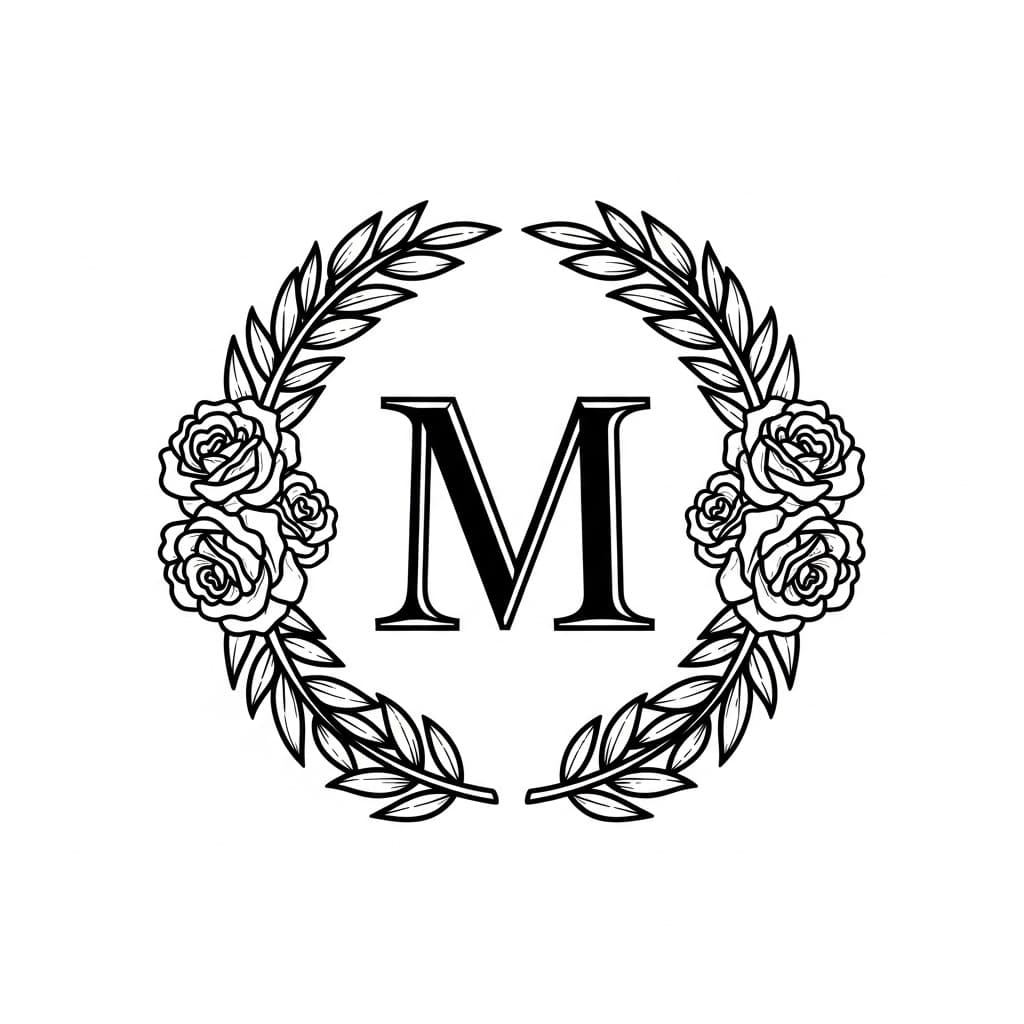 Single-letter monogram M wrapped in a rose wreath — laser-ready line art