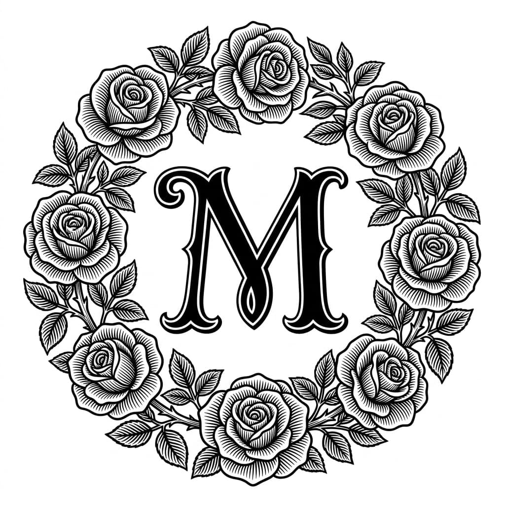 Elegant letter M monogram with botanical wreath — clean vector design ready for xTool cutting and engraving