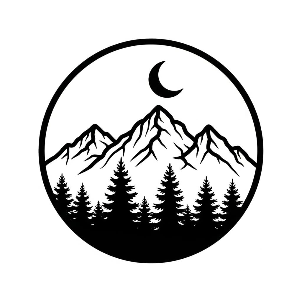 Vintage mountain adventure badge with pine trees and banner text — laser-ready Glowforge design