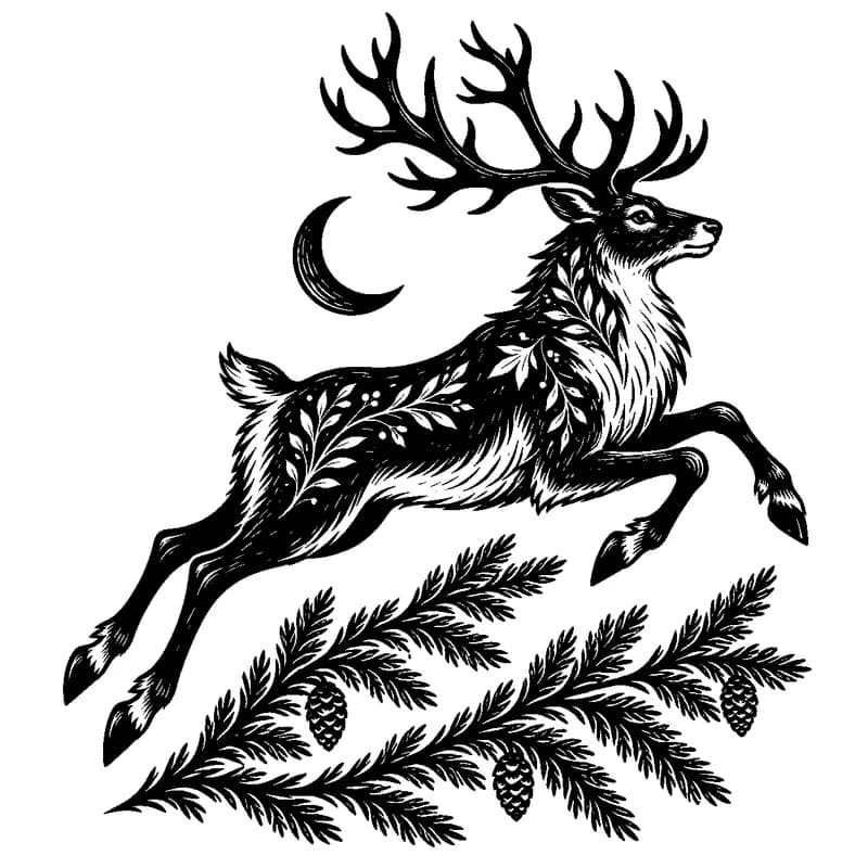 Reindeer & Crescent Moon: black-and-white christmas laser engraving artwork