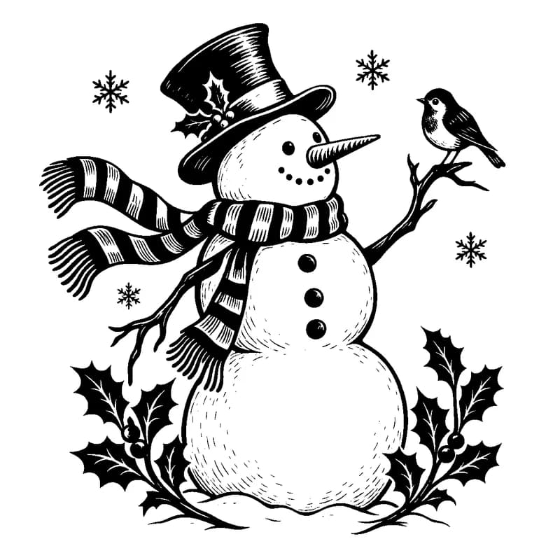 Snowman & Winter Robin: black-and-white christmas laser engraving artwork