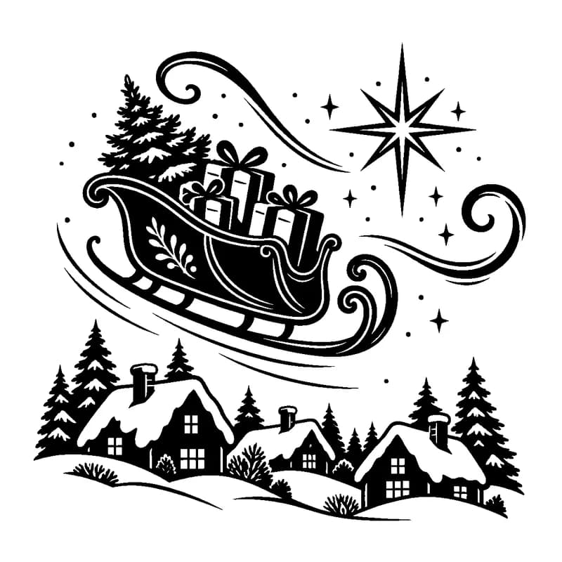 Sleigh Above the Sleeping Village: black-and-white christmas laser engraving artwork