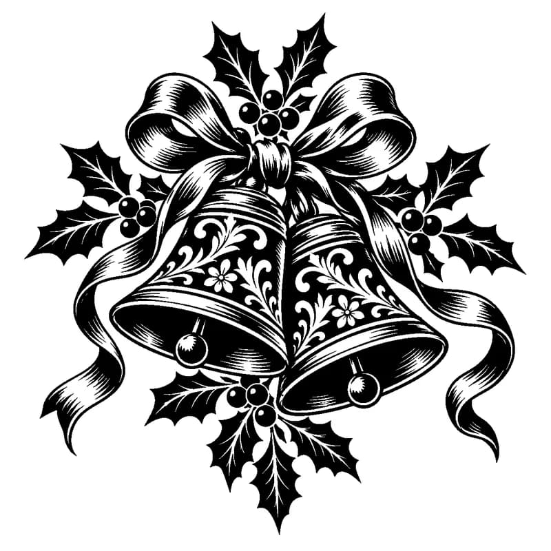 Holly & Ribbon Bells: black-and-white christmas laser engraving artwork