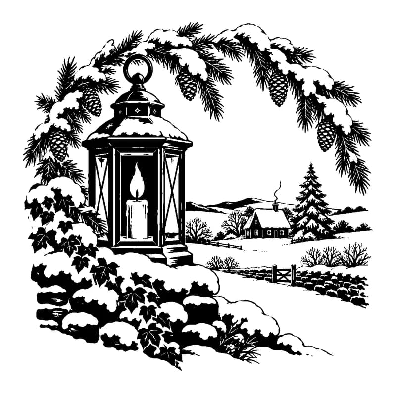 Lantern in the Winter Garden: black-and-white christmas laser engraving artwork