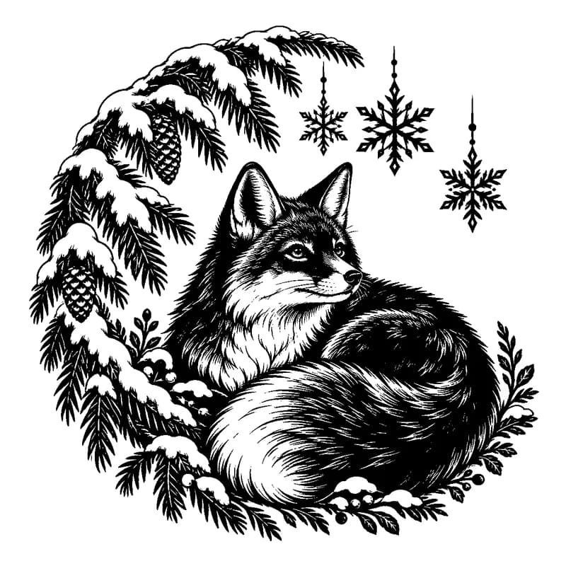 Winter Fox Beneath the Fir: black-and-white christmas laser engraving artwork