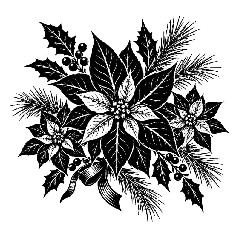 Poinsettia Winter Star: black-and-white christmas laser engraving artwork