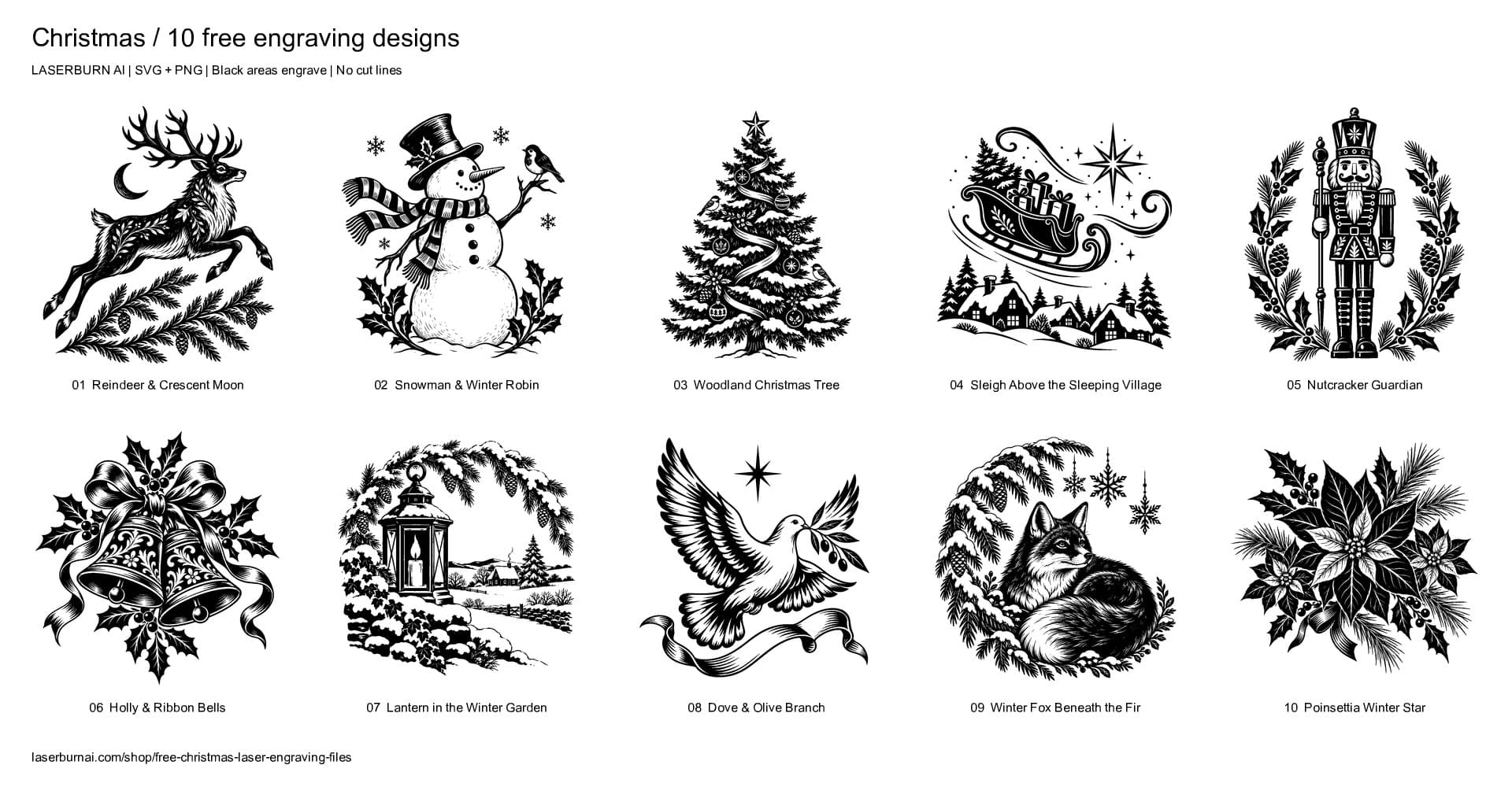 The ten Christmas laser engraving designs included in the free pack