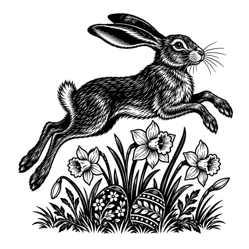 Leaping Meadow Hare: black-and-white easter laser engraving artwork