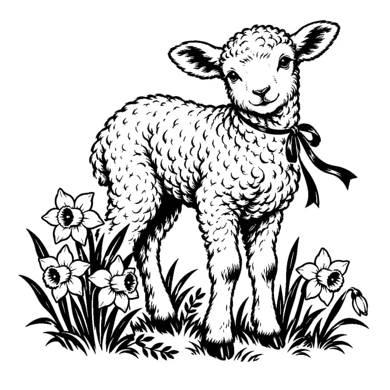 Lamb in the Daffodils: black-and-white easter laser engraving artwork