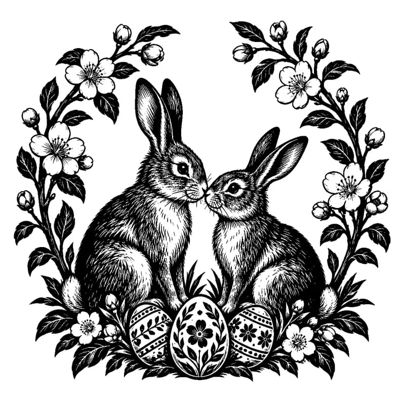 Rabbits Under the Blossom Arch: black-and-white easter laser engraving artwork